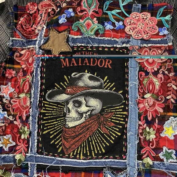 Upcycled Flannel Shirt Shacket Womens Large Skull Cowboy Jacket Grunge Patchwork - Picture 6 of 15